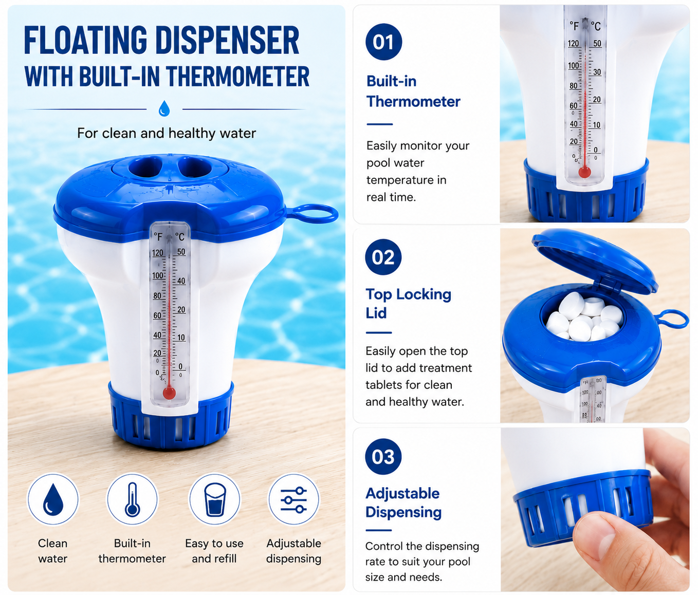 RZXEA™ 3-in-1 – Floating Tablet Dispenser with Built-In Thermometer