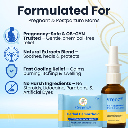 Combined Therapy ：Cvreoz® Herbal Hemorrhoid Treatment Anal Spray + Wipes - Made for Pregnancy & Postpartum